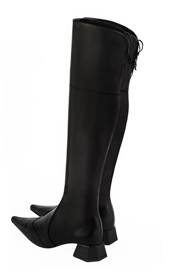 Satin black women's leather thigh-high boots. Pointed toe. Low flare heels. Made to measure. Rear view - Florence KOOIJMAN
